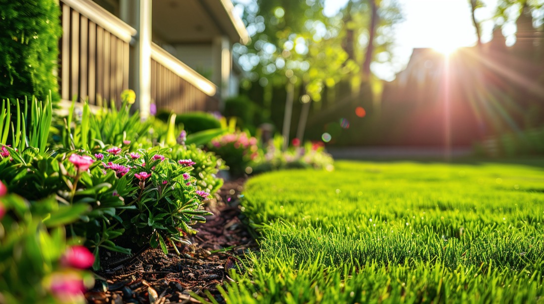 A maintained residential lawn and border