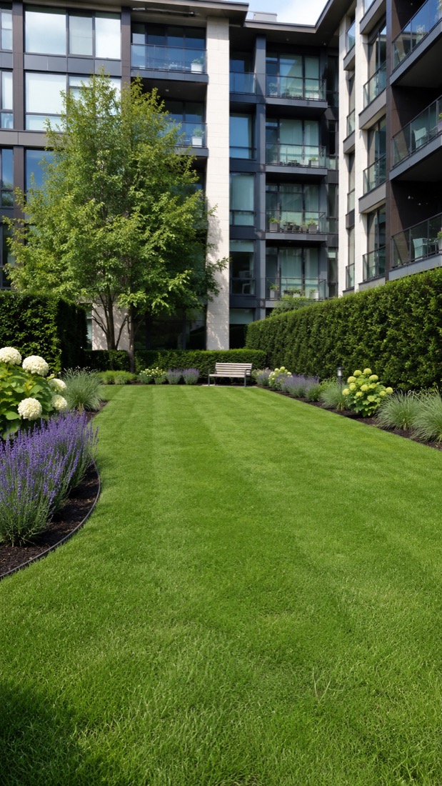 A maintained strata lawn and garden beds