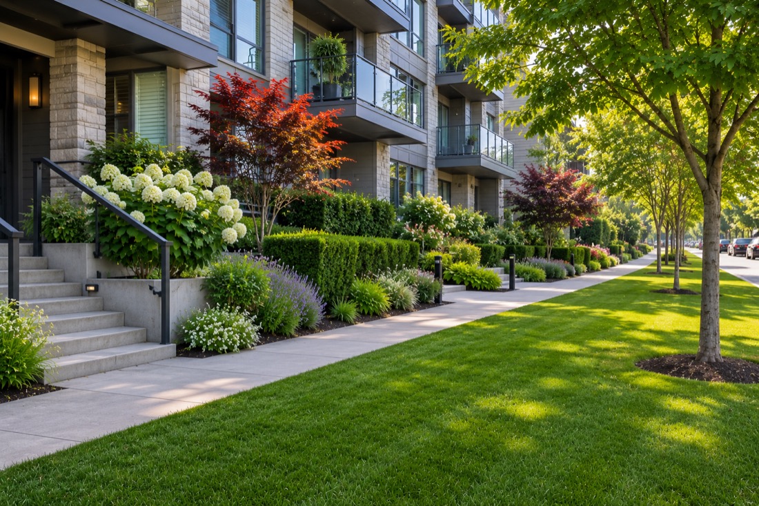 Strata frontage with maintained lawn and planting beds