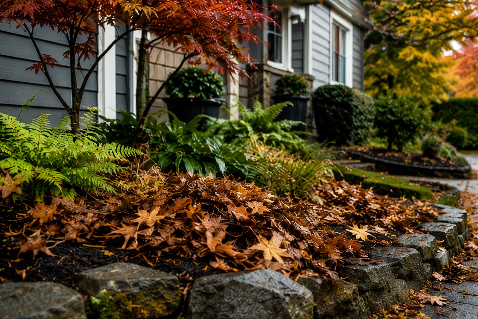 Fallen maple leaves on a maintained garden bed